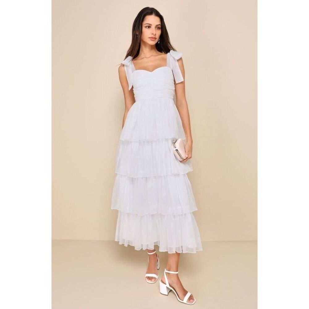 Lulus Radiant Arrival Shiny White Organza Tiered Tie-strap Maxi Dress - Size M